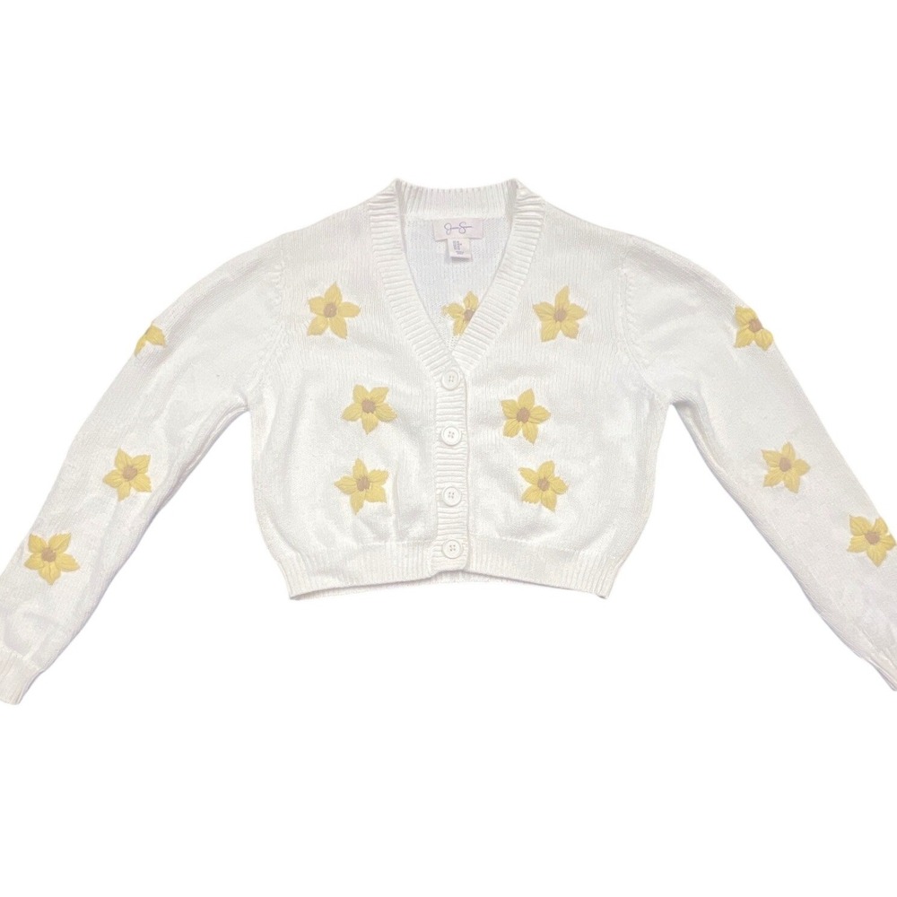 Jessica Simpson Cardigan Womens M White Floral Embroidered Cropped Knit Sweater